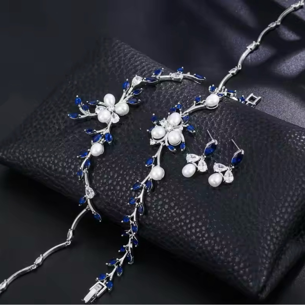 Wedding / formal / bridal blue Zircon Pearl Vine Necklace Bracelet/Earrings Set - Picture 2 of 3